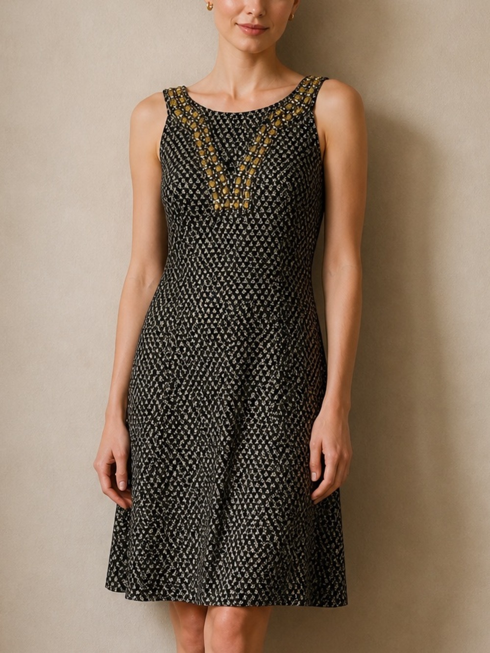 Lucky Brand - Navy Sleeveless Midi Dress w/ Copper Beaded Neckline w/ Pockets!